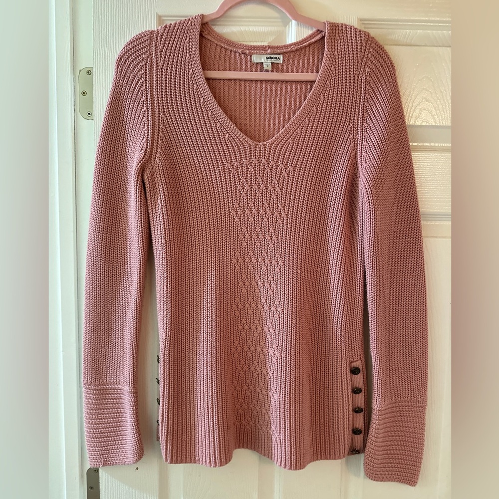 Sonoma pink soft knit long sleeve v-neck sweater with brass button side details